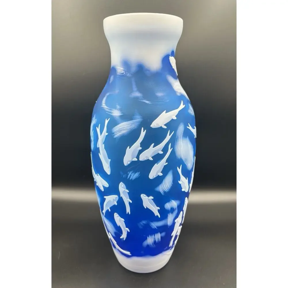 Emile Galle Reproduction Blue Cameo Glass Vase with White Fish 14” Coastal Decor
